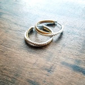 Vintage Avon Fashion CZ Hoop Earrings Two Tone Plated Silver
